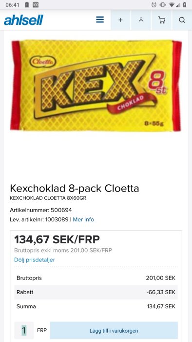 En förpackning Kexchoklad 8-pack från Cloetta visas på Ahlsells webbsida med prisdetaljer.