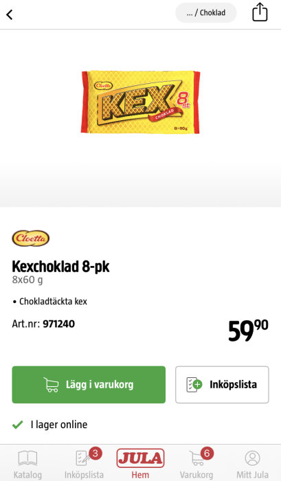 Förpackning av Kexchoklad 8-pack på online butikssida med pris och köpknapp.