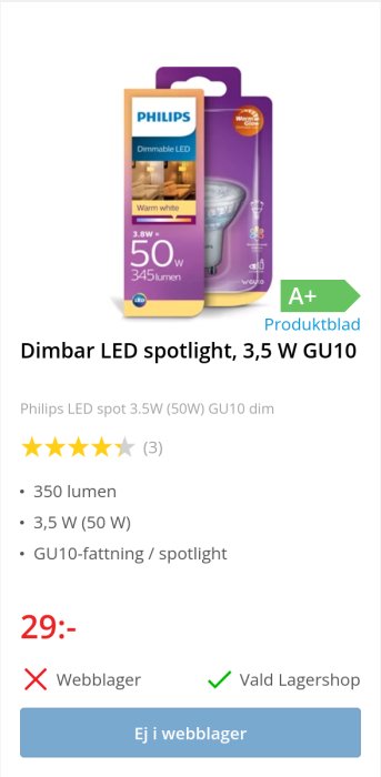 Philips dimbar LED-spotlight förpackning, 3,5W motsvarande 50W, 345 lumen, GU10 sockel, med prisskylt.