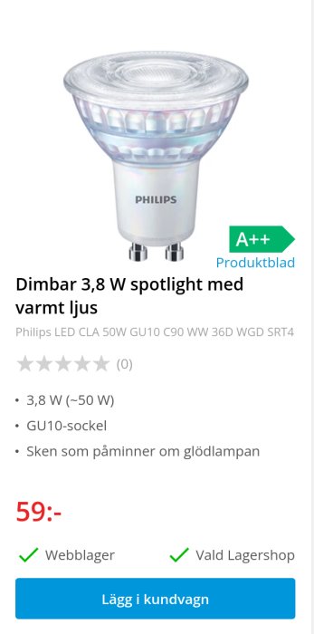 Philips 3,8W dimbar LED-spotlight GU10, varmt ljus, liknar glödlampa, energiklass A++.