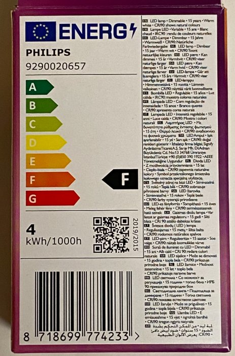 Förpackning av Philips LED-lampa artikelnummer 9290020657 med energimärkning F och QR-kod.