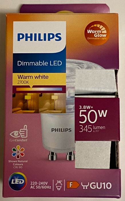 Philips Warm Glow Dimmable LED-förpackning, 2700K varmvit ljuskälla, motsvarande 50W, 345 lumen, GU10-sockel.