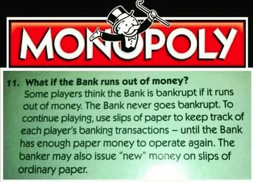 Monopolyspelregler som förklarar vad man gör om banken tar slut på pengar, med text och Monopoly-logotyp.