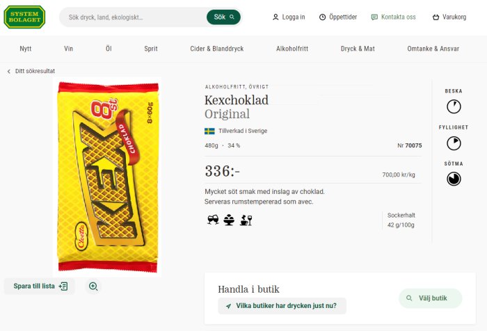 Skärmklipp av en produkt visas som "Kexchoklad" på Systembolagets webbsida, felaktigt listad som alkoholfri dryck.