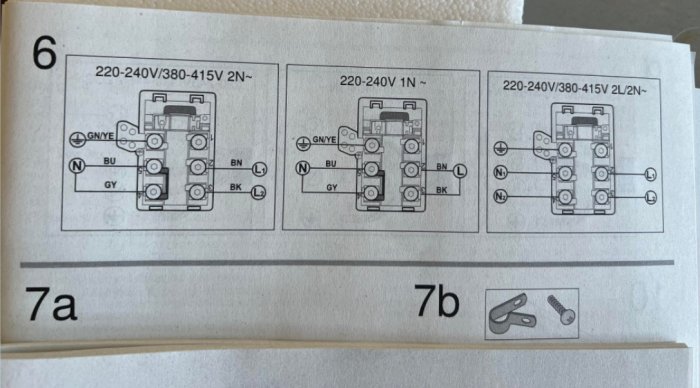 Instruktion för elektrisk installation av spishäll som visar tre olika kopplingsscheman med märkningar för ledare.