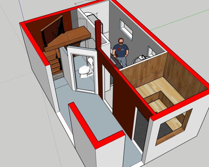 3D-modell av ett byggprojekt med kompakt toalett och större tvättstuga, inkluderar måttangivelser.