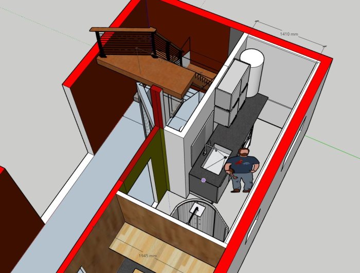 3D-modell av ett badrum med måttangivelser, visar en mindre toalett och större tvättstuga.