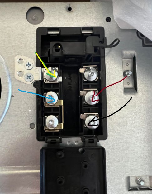 Öppen eluttag låda med märkta kablar och terminaler, antydan om felaktig installation.