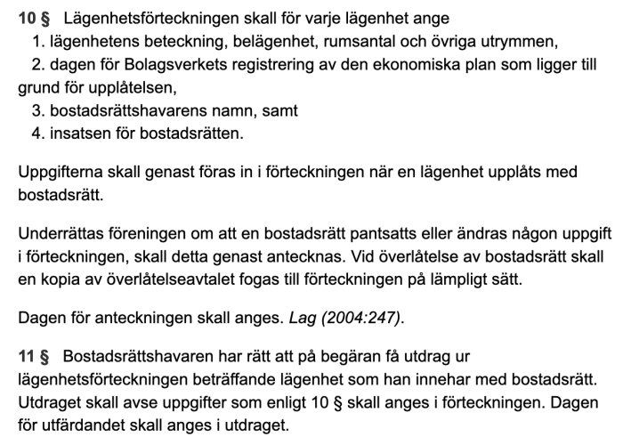 Skärmdump av lagtext om bostadsrätt ur Bostadrättslagen, detaljer om lägenhetsförteckning och rättigheter.