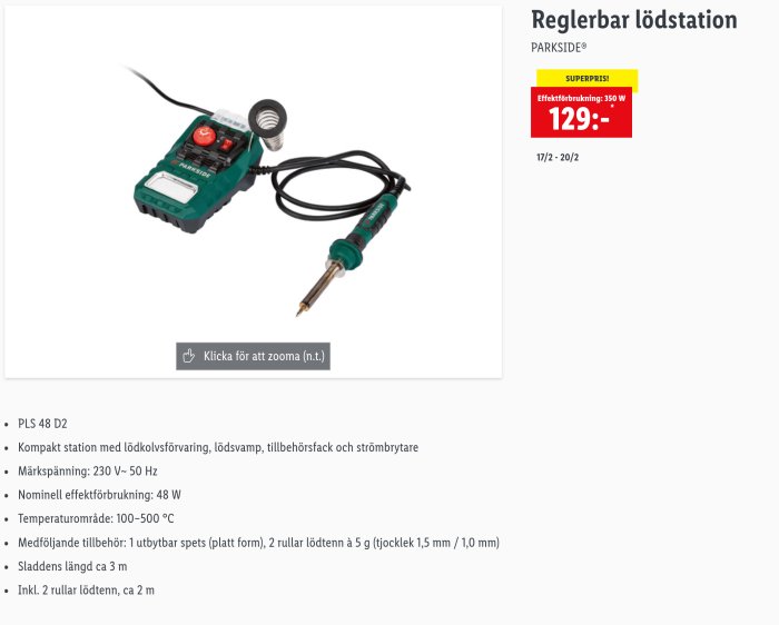 Reglerbar lödstation från Lidl med lödkolv, hållare och svamp, mot röd och vit prisinformation.