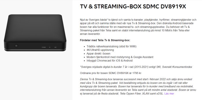 Svart TV- och streaming-box SDMC DV8919X från Telia med textbeskrivning av funktioner.