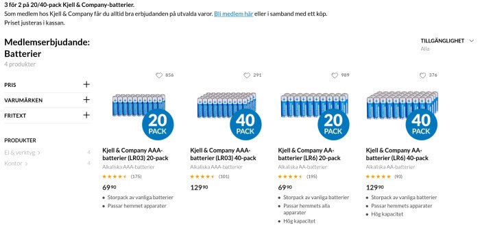 Fyra förpackningar med Kjell & Company-batterier i 20- och 40-pack, priser och kundomdömen synliga.