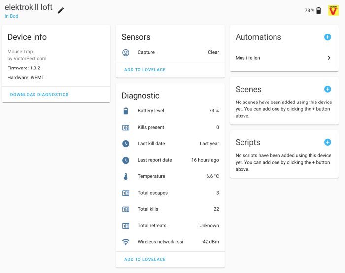 Skjermbilde av Home Assistant brukergrensesnitt for Victor Smart-Kill musefelle med sensorinfo og automatiseringer.