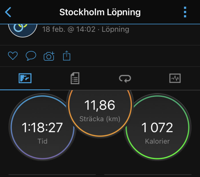 Skärmbild av löpningsapp visar distans 11,86 km, tid 1:18:27, brända kalorier 1072.