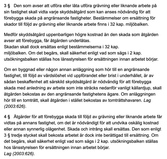 Sida ur Jordabalkens tredje kapitel med text som belyser skyldigheter vid grävningsarbete nära angränsande fastigheter.