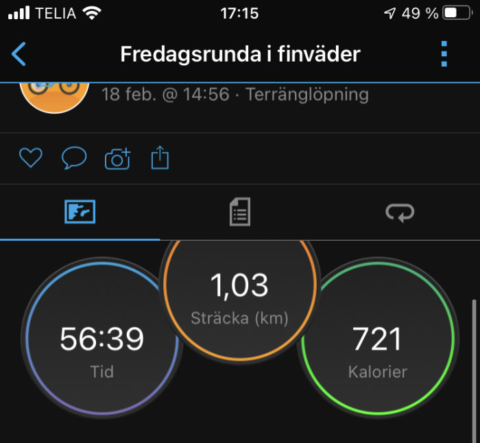 Skärmdump av träningsapp som visar distans på 1,03 km, tid 56:39 min och 721 förbrända kalorier.