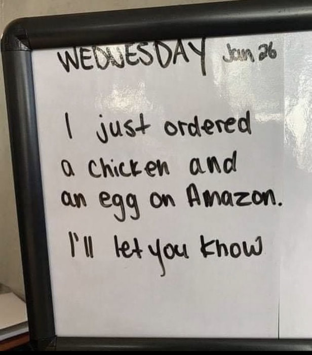 Vitt skrivtavla med texten "I just ordered a chicken and an egg on Amazon. I'll let you know" skrivet med svart markör.