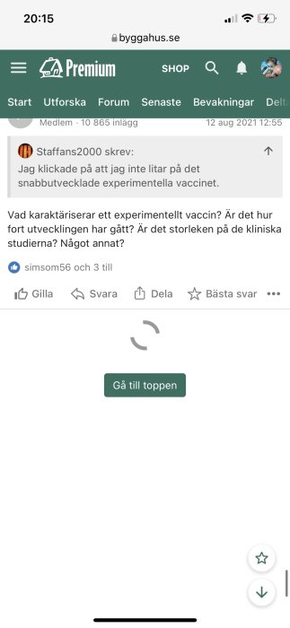 Skärmdump av ett forum-inlägg på bygghus.se med en pågående laddning och knappen "Gå till toppen".