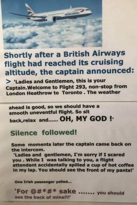 En utskrift med en humoristisk anekdot om en British Airways-kapten som spiller kaffe under en flygning, med ett flygfoto som bakgrund.