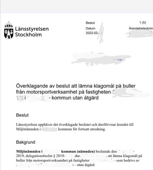 Beslut från Länsstyrelsen Stockholm om överklagande av kommunens hantering av bullerklagomål från motorsportverksamhet.