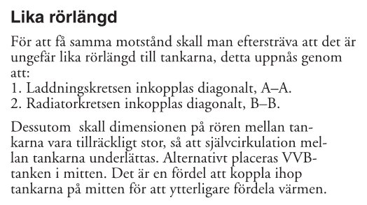 Instruktionsutdrag för lika rörlängd vid koppling av tankar med A-A och B-B indikationer för paralellkoppling.