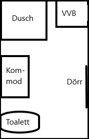 Skiss i Paint som visar layout för ett badrum med positioner för dusch, VVB, kommod, toalett och dörr.