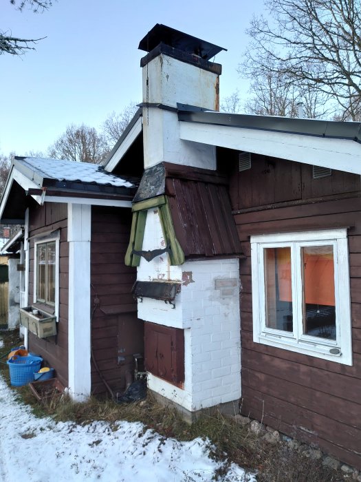 Exteriör eldstad på stugvägg med skorsten, bredvid fönster och under snötäckt tak.