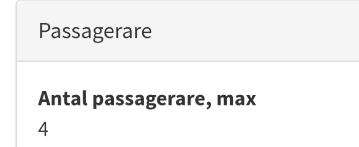 Skärmbild som visar max antal passagerare (4) för ett fordon enligt en registreringsdatabas.