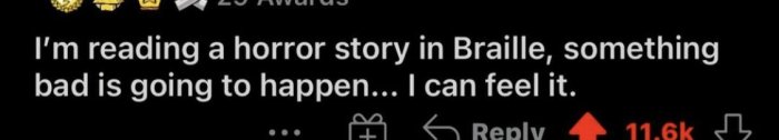 Skärmdump av en kommentar med texten "I’m reading a horror story in Braille, something bad is going to happen... I can feel it.