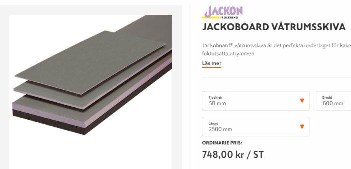 Staplade Jackoboard våtrumsskivor med tjocklek, längd och prisinformation, cellplastkärna med glasfiber- och cementytor.