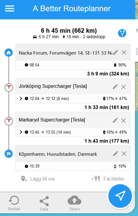 Skärmdump av en ruttplanerare som visar en resplan för en elbil med total tid och laddstopp.