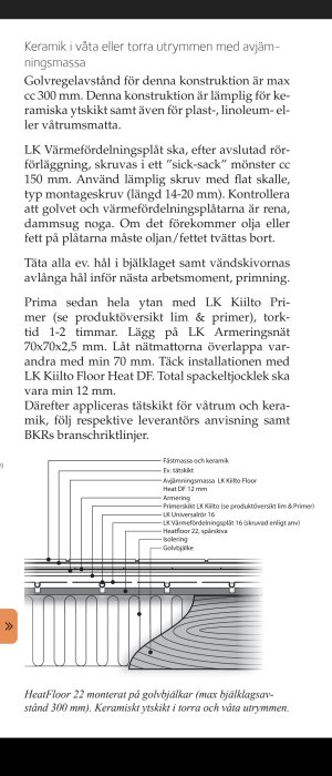Skärmdump av LK Systems monteringsanvisningar för golvvärme med text och illustration av golvvärmeinstallationens lagerstruktur.