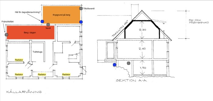 Planritning av källarvåning med markerade områden för berg i dagen, krypgrund, radiatorer och ventilation.