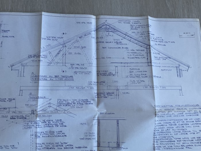Arkitekturella ritningar av en vindsvåning med detaljerade mått och konstruktionsstrukturer.