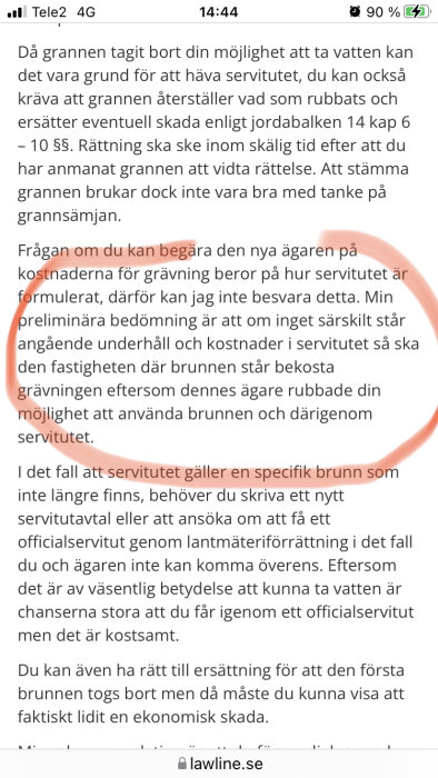 Skärmdump av en text om att begära rättelse eller ersättning för servitut från Lawline.se.