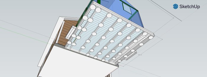 Översikt av växthusdesign i 3D modellerat i SketchUp, visar dimensioner för terrassfötter och ramkonstruktion.