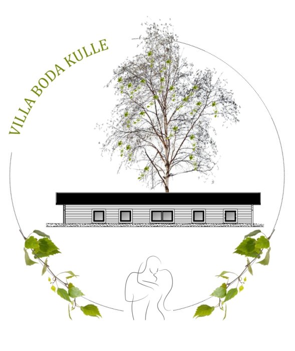 Illustration av framtida fritidshus "Villa Boda Kulle" med planerad arkitektur och omgivning.