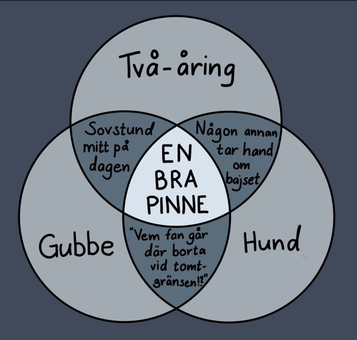 Venn-diagram med text som representerar gemensamma intressen mellan en tvååring, en hund och en gubbe.