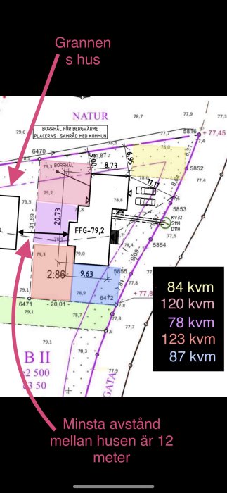 Tomtkarta som visar avståndet på 12 meter mellan två hus och olika tomtytor med mått.