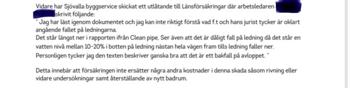 Dokument med text från försäkring om skada och ledningsproblem relaterat till byggprojekt.