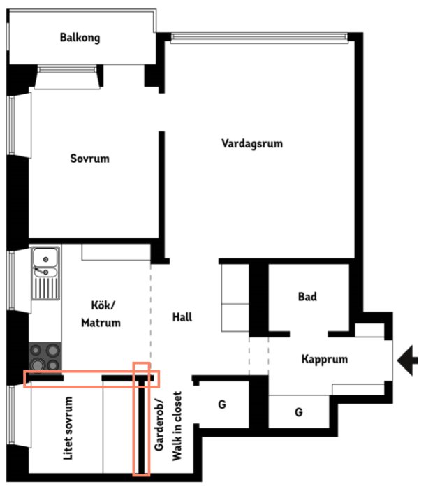 Planritning av en lägenhet med inringade väggar markerade för att diskutera om de är bärande.