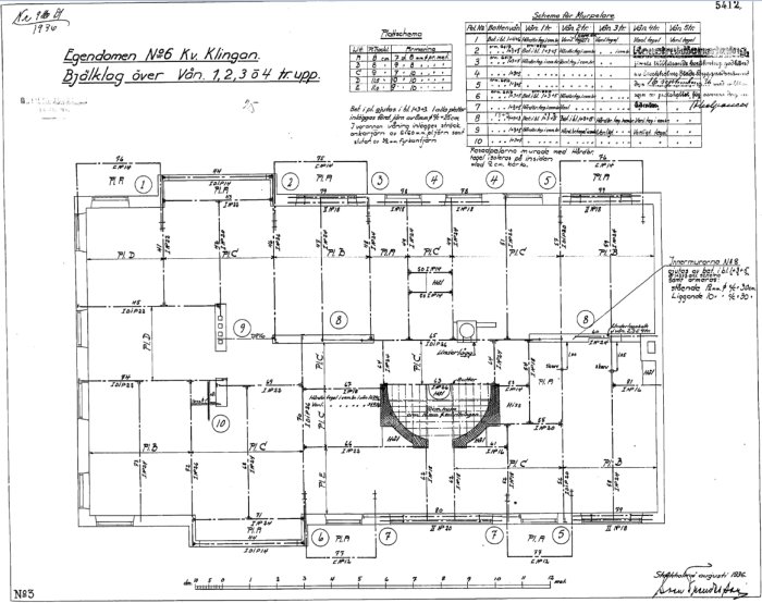 Planritning av en byggnad från 1936 med markerade väggar, inringat område frågeställare undrar över.