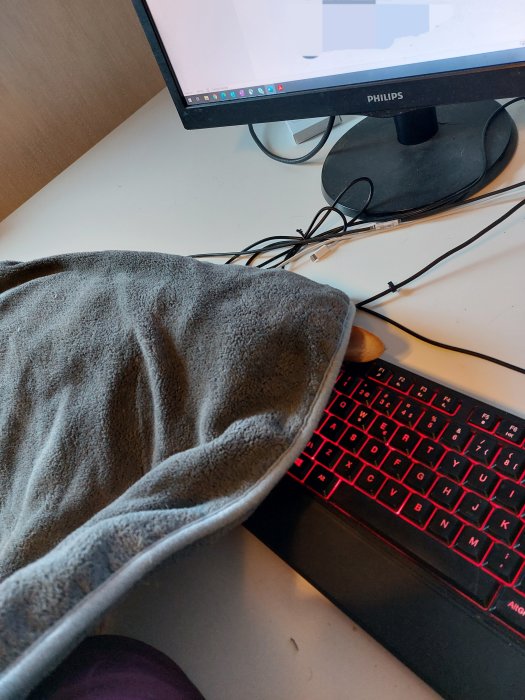 Grått täcke på ett skrivbord framför en upplyst datortangentbord och datorskärm, antydan till att någon sover.
