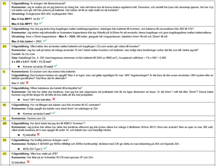 Skärmklipp av ett diskussionsforum med markerade kommentarer och frågor om elinstallationer och komponentdimensionering.