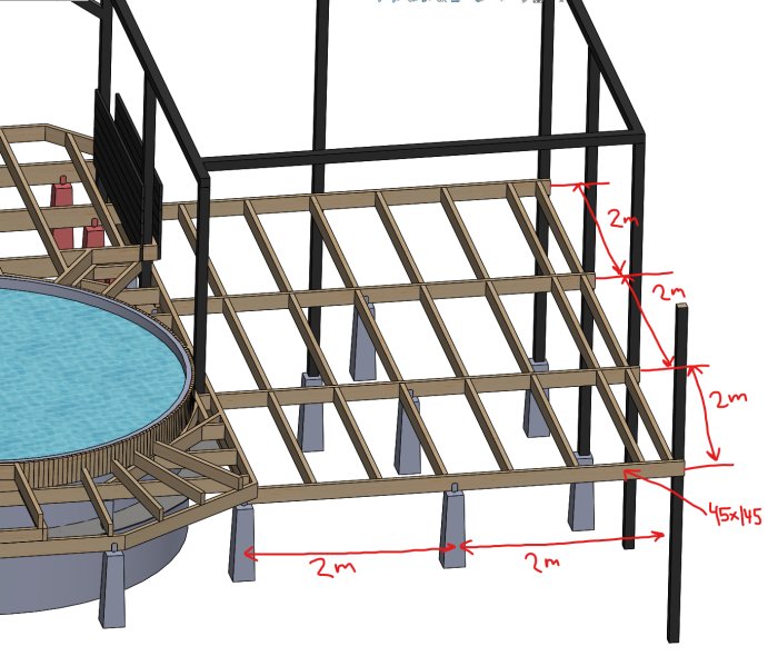 3D-ritning av en träkonstruktion för ett däck med måttangivelser och reglar på 45x145 mm.