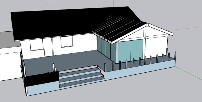 3D-modell av ett hus med planerat uterum, visar takvinkel och placering bredvid befintligt hus.