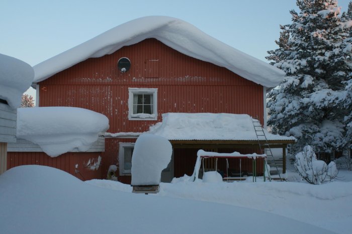 Röd stuga med tak och träd täckta av tjocka lager snö under en klar vinterdag.