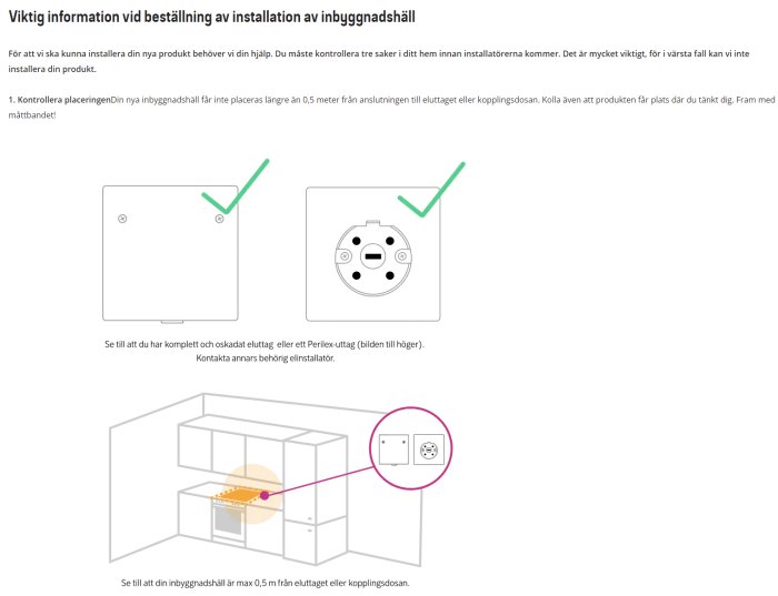 Illustration som visar rätt placering och eluttag för installation av inbyggnadshäll enligt Elgigantens instruktioner.