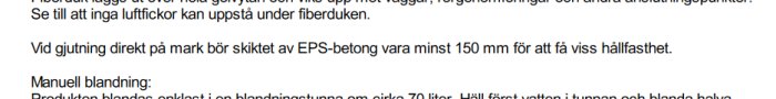 Skärmdump från Finjas arbetsbeskrivning med text om applicering av EPS-betong direkt på mark.