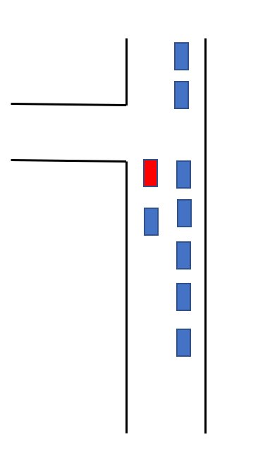 Skiss av trafiksituation med blå bilar i kö och en röd bil felkörd, redo att svänga vänster.